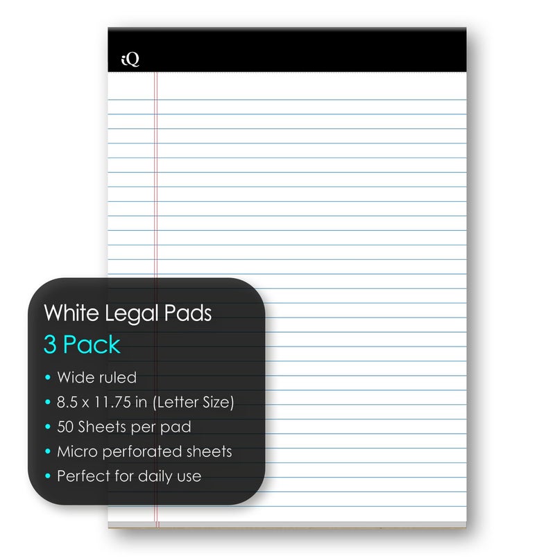 iScholar iQ Legal Pads, White, Wide Ruled, 8.5"" x 11.75"", 50 Sheets Per Pad, Pack of 3 Pads (68113) - Image 3
